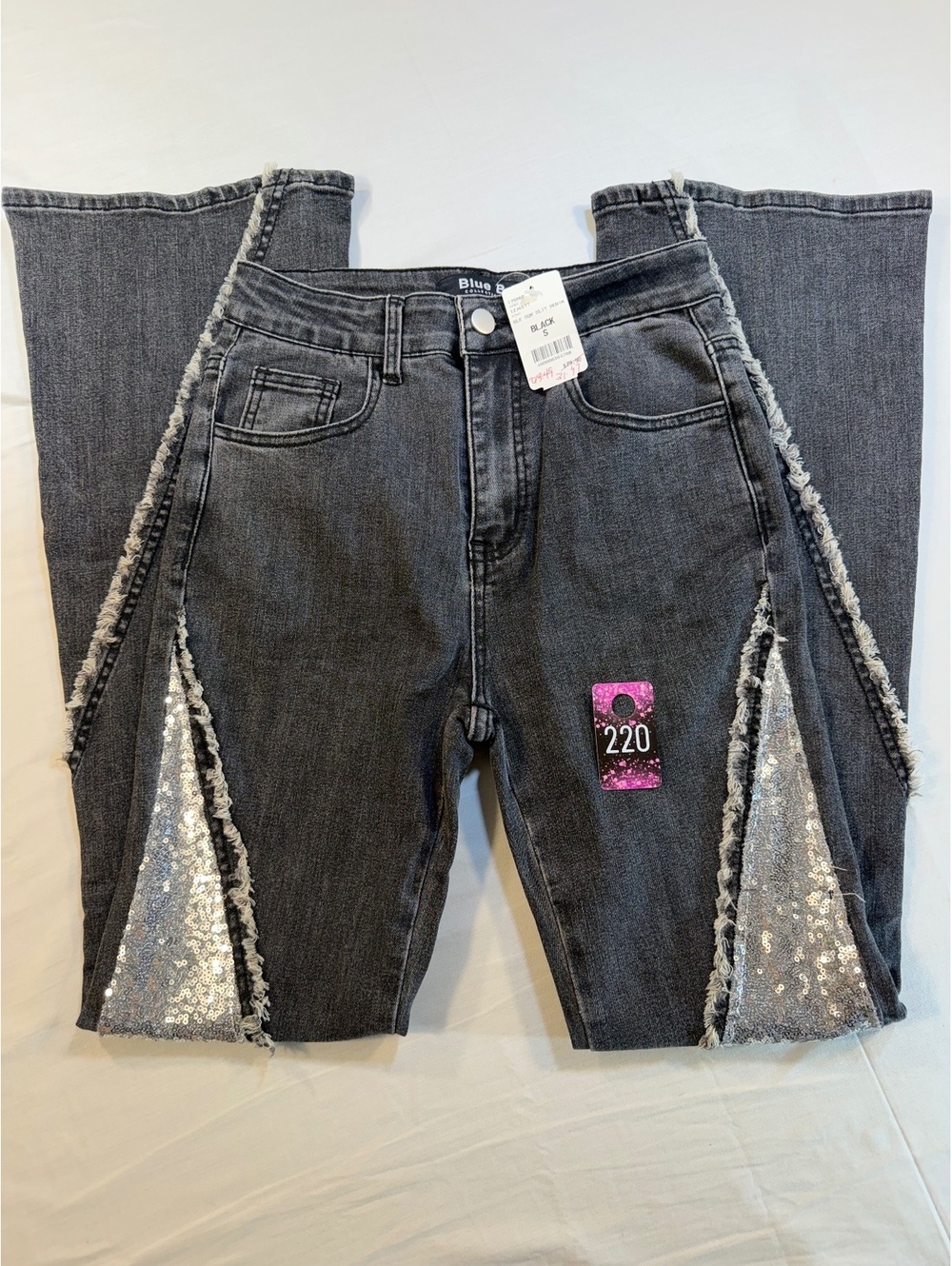 Blue B Collection Black Denim Jeans with Silver Sequin Side Panels, Size S